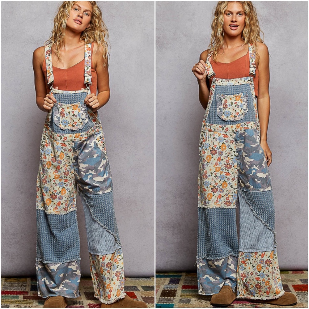 POL Women's Blue Floral Patchwork Jeans Overalls - Picture 2 of 3